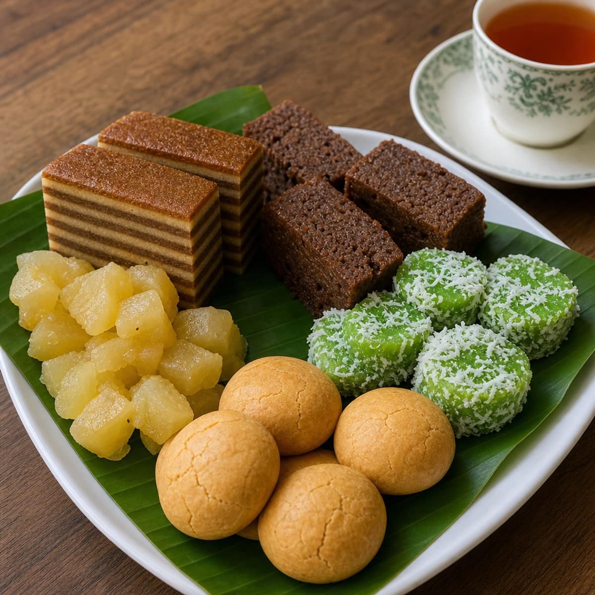 Kue maksuba, kue delapan jam, kue lumpang, gulo puan, dan roti koing untuk teman teh.
