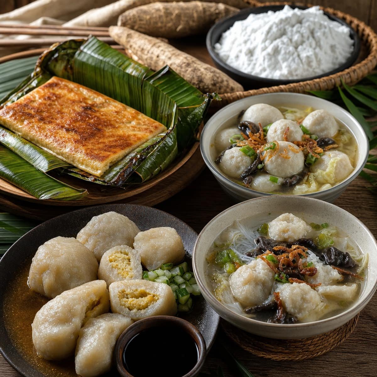Pempek, lenggang, tekwan, dan model sebagai olahan ikan dan sagu khas Palembang.