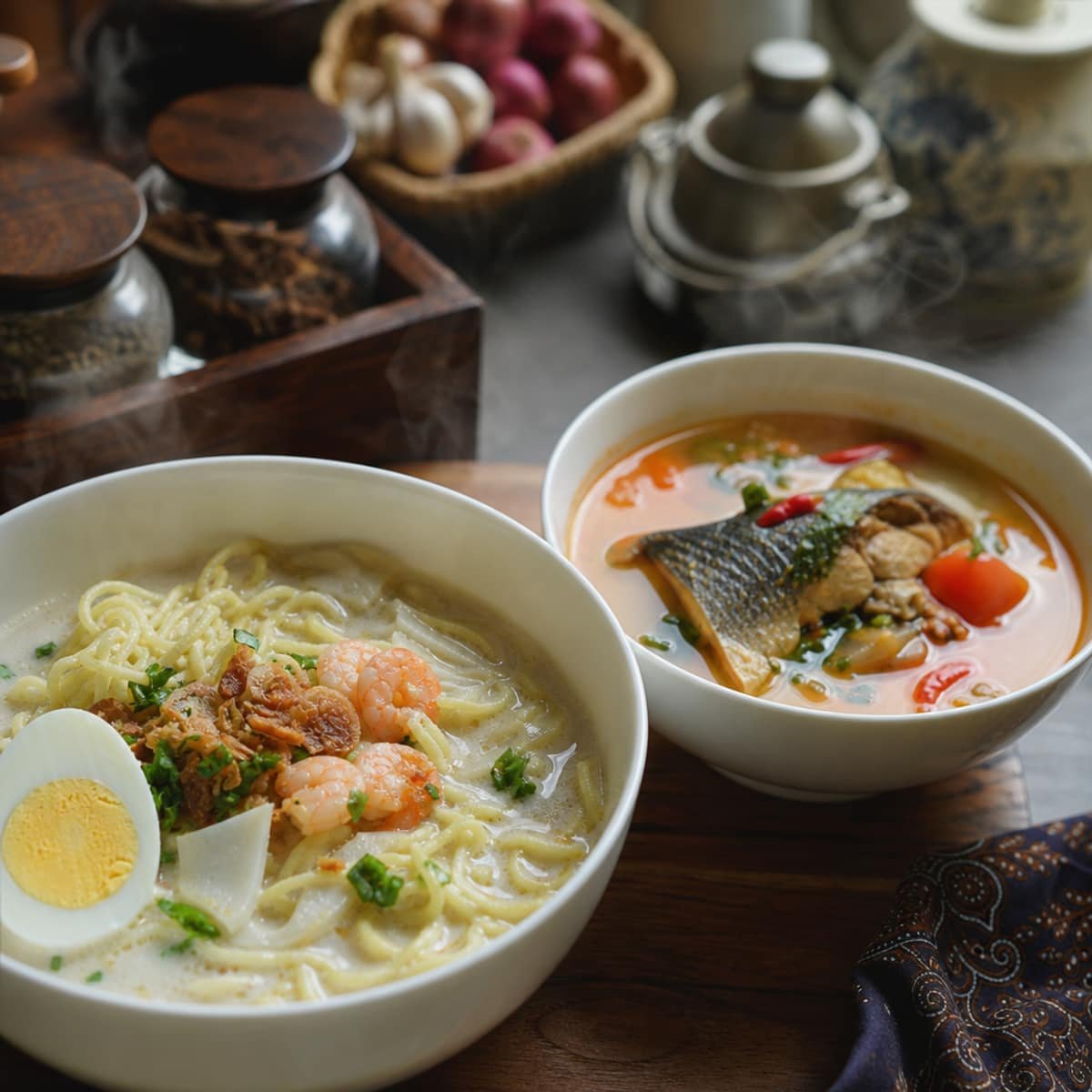 Semangkuk mi celor dan pindang ikan hangat dengan bumbu rempah.
