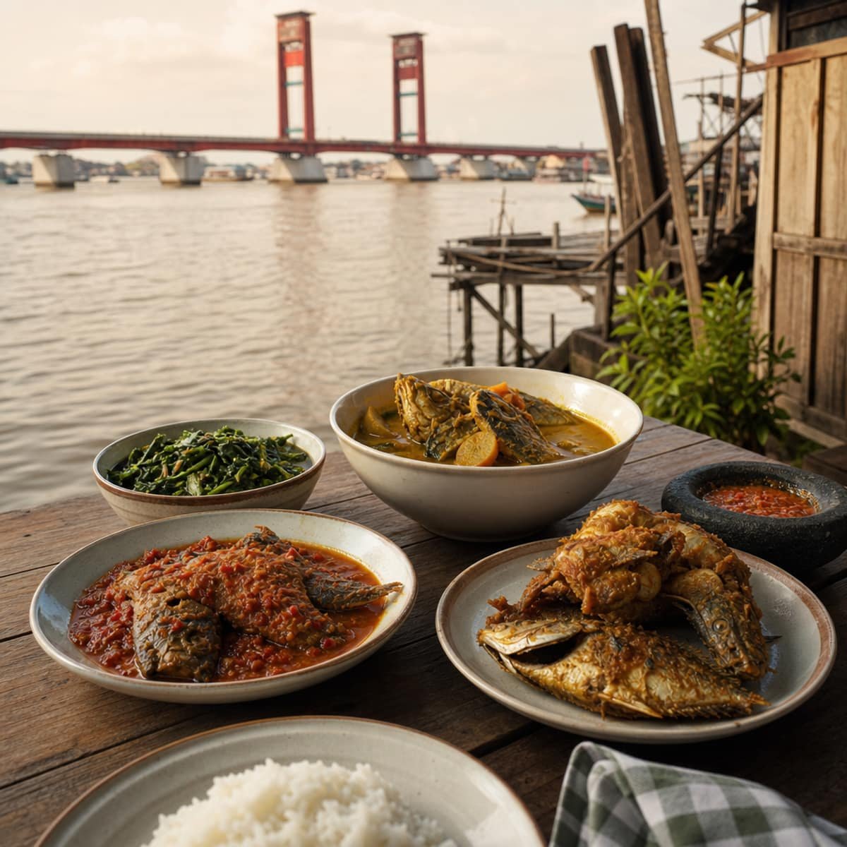 Suasana tepi Sungai Musi dengan hidangan ikan khas Palembang di meja makan.